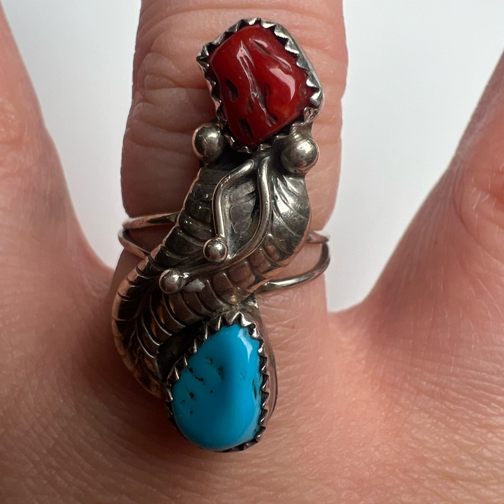 Long Turquoise & Coral Sterling Silver 925 Ring, Size 7.75